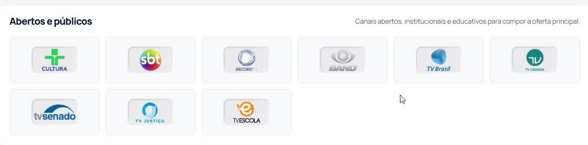 Canais abertos e públicos disponíveis no pacote